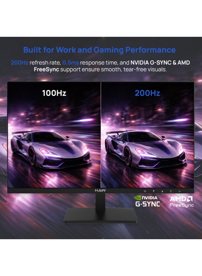 هاو شاشة ألعاب HAW Q27IPY1 مقاس 27 بوصة QHD 2560×1440 بتقنية IPS، معدل تحديث 200 هرتز، زمن استجابة 0.5 مللي ثانية MPRT، تدعم HDMI 2.1، متوافقة مع FreeSync وG-Sync، مكبرات صوت مدمجة، شاشة مسطحة، مناسبة للكمبيوتر وأجهزة الألعاب – أسود - Image 2